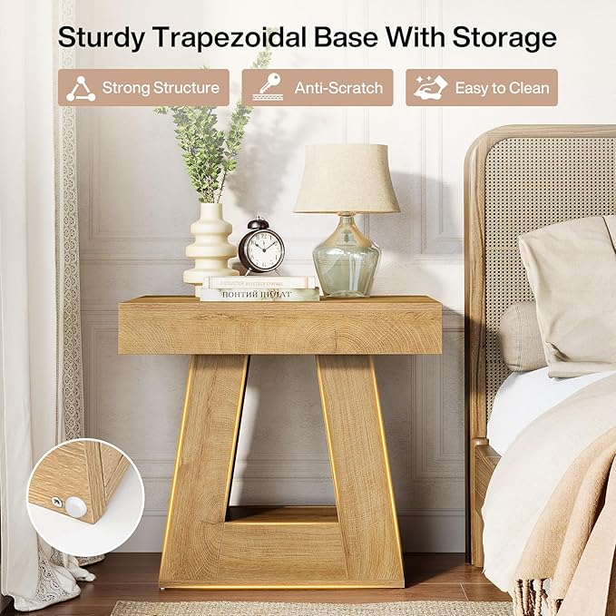 Tribesigns 24" Modern Side Table, 2-Tier Narrow Wooden End Table with Trapezoid Base, Farmhouse Small Nightstand for Living Room, Bedroom, Natural Wood Color