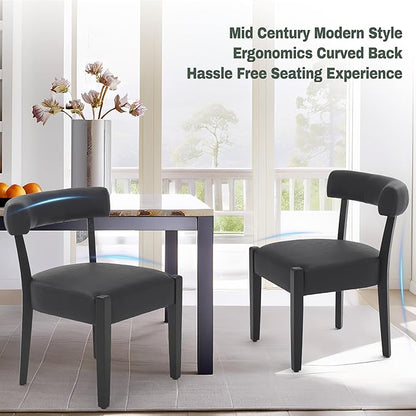 Modern Black Dining Chairs Set of 8, Faux Leather Upholstered Kitchen & Dining Room Chairs, Mid Century Modern Wooden Dining Chairs Oversized Sturdy Rounded Chairs Curved Back