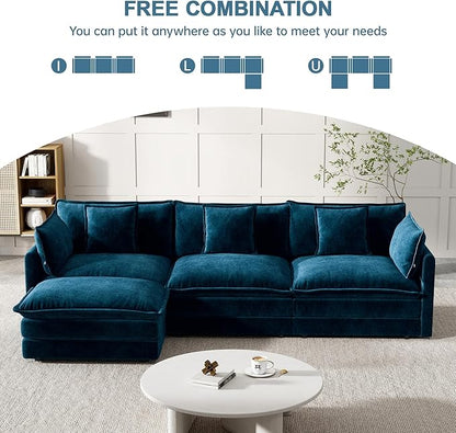Modular Sectional Sofa, 111.5 Inch L-Shaped Cloud Sofa with Deep Seat Chenille Sofa with Cushions, Three-Self Sectional Sofa for Living Room Apartment,Blue