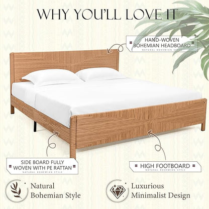 Yechen Hand-Woven PE Rattan King Bed Frame with Headboard and Footboard, Boho Mid Century Modern Bedframe with Vintage Pattern, Wicker Bed with Metal Frame and Slats, No Box Spring Needed, 1000lbs