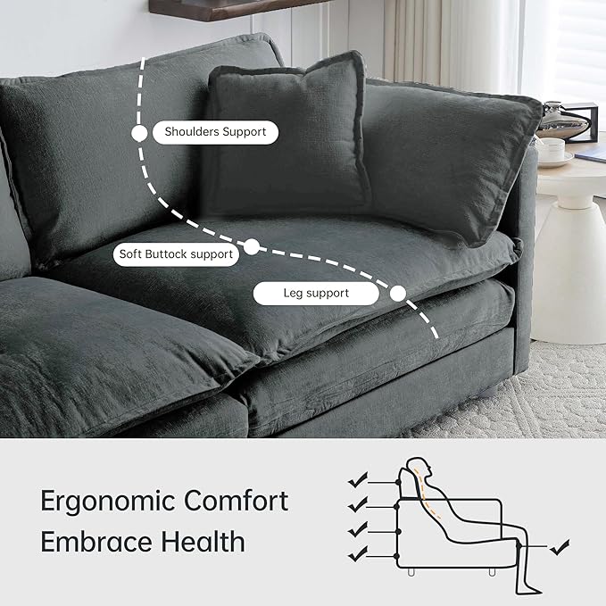 Modular Sectional Sofa, 111.5 Inch I-Shaped Cloud Sofa with Deep Seat Chenille Sofa with Cushions, Three-Self Sectional Sofa for Living Room Apartment,Gray
