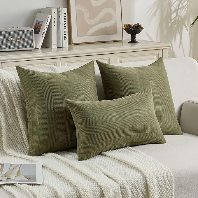 FUTEI Moss Green Chenille Throw Pillow Covers 26x26 Inch Set of 2,Soft Wide Chevron Textured Euro Pillow Shams,Farmhouse Home Decor for Couch Bed Living Room