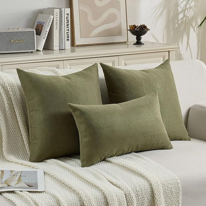 FUTEI Moss Green Chenille Throw Pillow Covers 16x16 Inch Set of 2,Soft Wide Chevron Textured Cushion Case,Farmhouse Home Decor for Couch Bed Living Room