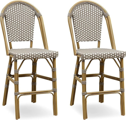 PURPLE LEAF French Counter Height Bar Stool Set of 2 25" Bamboo Print Finish Patio Bar Chairs with Back Rattan Bar Chairs French Bistro Set for Kitchen Outdoor Counter Stool Grey