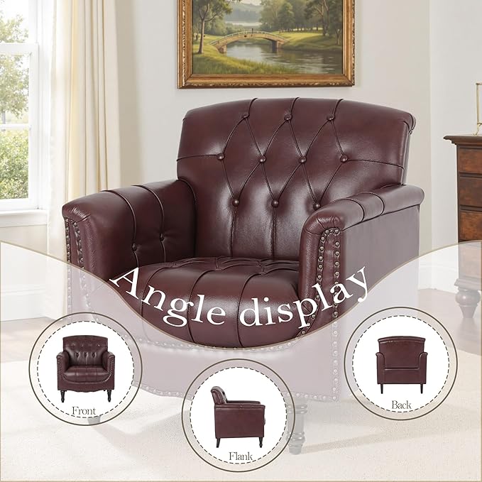 Pia Ricco Faux Leather Armchair Set of 2, Modern Accent Chairs with Nailhead Trim and Solid Wood Legs, Upholstered Comfort for Living Room, Office, Bedroom - Wine Red