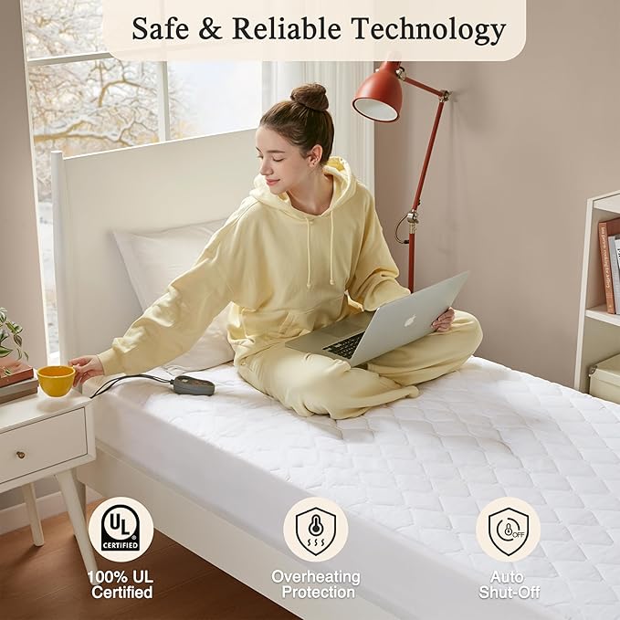 Beautyrest Cotton Heated Mattress Pad - Bed Warmer with 20 Heat Settings Controller, Auto Shut Off Timer, All Around Elastic Deep Pocket, UL Certified, Machine Washable, White Full