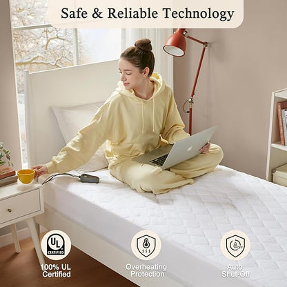 Beautyrest Cotton Heated Mattress Pad - Bed Warmer with 20 Heat Settings Controller, Auto Shut Off Timer, All Around Elastic Deep Pocket, UL Certified, Machine Washable, White Full