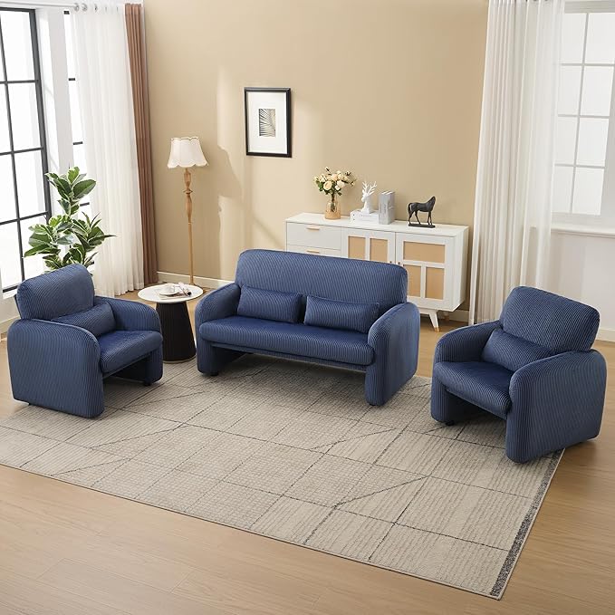 Corduroy Accent Living Room Sets, Modern Upholstered Love Seat with 2 Accent Chairs, Wide Comfy Leisure Chair Sets for Bedroom, Office, Blue