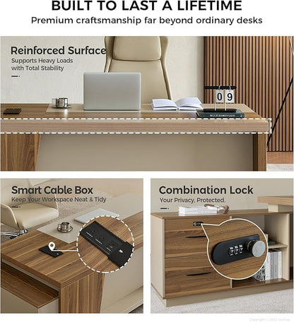 L-Shaped Executive Desk with Lockable Drawers – 79" Modern Large Executive Office Desk with LED, Lateral File Cabinet, Built-In Cable Box, Privacy Panel & Storage Shelves for Home or Business, Left