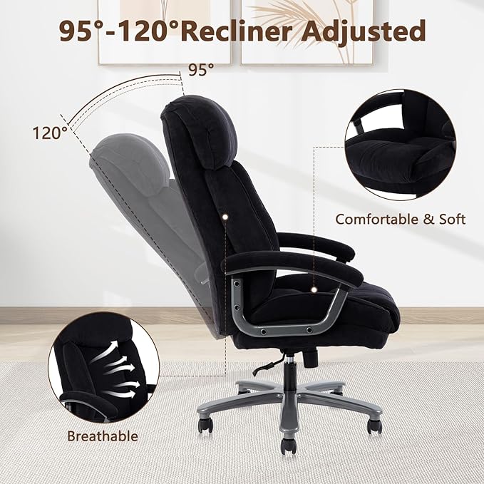 CLATINA Big and Tall Executive Office Chair, Extra Wide Seat, 800 LBS Capacity Heavy Duty Ergonomic Cloth Desk Chair with Wheels and Padded Armrests, High Back Fabric Computer Task Chair, Black