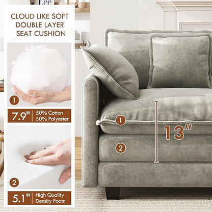 WorthFurni 111.4” Modular Sectional Sofa, U Shape Cloud Couch with 2 Movable Ottoman, Comfy Chenille Deep Seat Sofa with Soft Pillows for Apartment Living Room Bedroom（Grey）