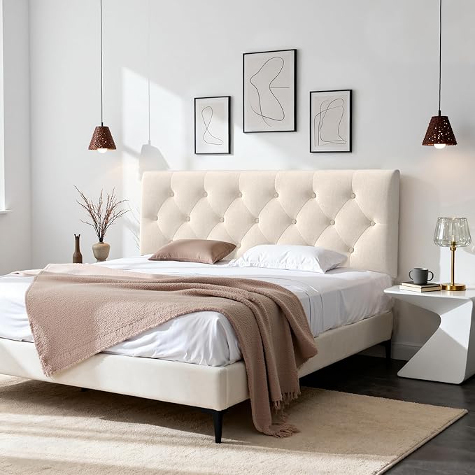 Tufted Upholstered Headboard Queen Size, Solid Wood Head Board with Durable Metal Legs, Linen Fabric Padded Headboard, Adjustable Height from 37” to 51”, Modern Button Design Head Board, Beige