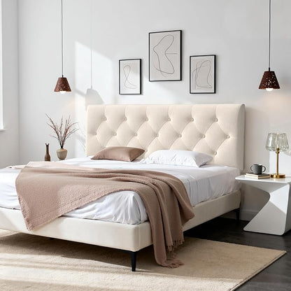 Tufted Upholstered Headboard Queen Size, Solid Wood Head Board with Durable Metal Legs, Linen Fabric Padded Headboard, Adjustable Height from 37” to 51”, Modern Button Design Head Board, Beige