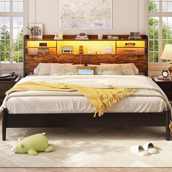Aheaplus Headboard for King Size Bed with Storage, Headboards with LED Light, Power Outlets, USB Ports King Size Head Board, Wood headboard Only Sturdy and Stable Headboards, Modern, Rustic Brown