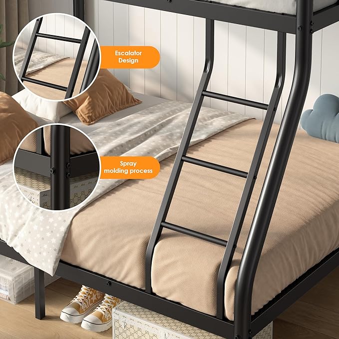 Twin Over Full Bunk Bed for Adults, Metal Bunk Beds Twin Over Full Size for Teens Dorm Bedroom Guest Room, Heavy Duty Bunk Beds with Ladder & Guardrail, No Box Spring Needed, Black