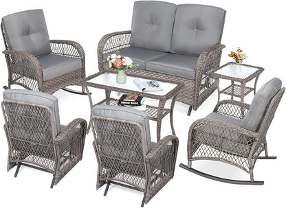 VIVIJASON 7-Piece Outdoor Patio Wicker Conversation Sets, All Weather Outdoor Rattan Furniture Set Includes Glider Loveseat, 2 Rocking Chairs, 2 Glider Rocker Chairs, 2 Coffee Table, Grey