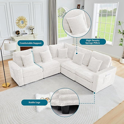 Modern Corner Sofa Seat with 2 Pillows for Modular Sectional Couch for Living Room-White