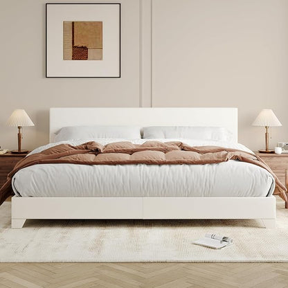 Allewie King Size Bed Frame with Adjustable Headboard, Faux Leather Platform Bed with Wood Slats, Heavy Duty Mattress Foundation, No Box Spring Needed, Noise-Free, Easy Assembly, White