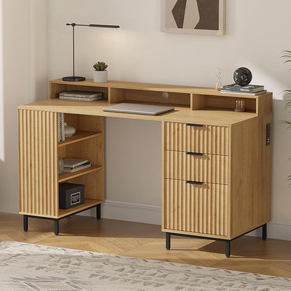 Fluted Executive Desk with Storage Shelf & File Drawer, 55" Modern Wood Office Desk with Monitor Stand & Charging Station, Home Writing Study Computer Table for Work Study, Natural Oak
