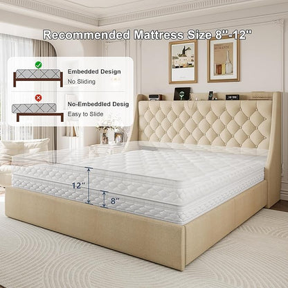 King Size Upholstered Platform Bed Frame with 4 Storage Drawers and Charging Station, Linen Button Tufted Wingback Headboard, Sturdy Wooden Support Slats, No Box Spring Needed, Beige