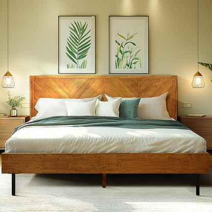 Acacia Alander King Bed Frame and Headboard Solid Wood Platform Bed, Scandinavian Signature Wood Bed Compatible with All Mattress Types, Bed Frame King Bedroom Furniture, Wood Slats Support, Walnut