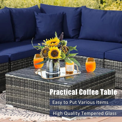 Tangkula 7 Pieces Patio Rattan Furniture Set, Patiojoy Outdoor Conversation Set with Cushions and Tempered Glass Coffee Table, All-Weather Sectional Sofa Set for Garden, Lawn, Backyard (Navy Blue)