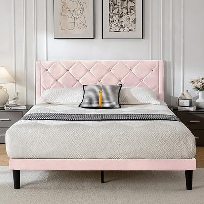 Queen Size Platform Bed Frame with Velvet Upholstered Headboard and Sturdy Wooden Slats Support,Mattress Foundation，Easy Assembly, No Box Spring Needed,Slip Resistant (Pink, Queen)