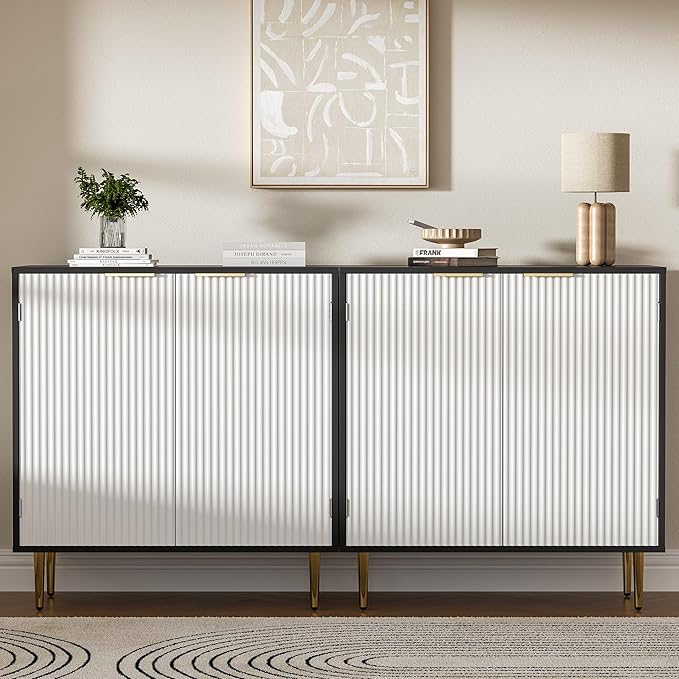 Buffet Sideboard Cabinet with 2 Doors, Modern Kitchen Cabinet with Golden Handles & Legs, Adjustable Shelf, Accent Coffee Bar Storage Sideboard for Kitchen, Living Room, Black & White
