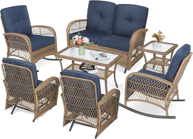 VIVIJASON 7-Piece Outdoor Patio Wicker Conversation Sets, All Weather Outdoor Rattan Furniture Set Includes Glider Loveseat, 2 Rocking Chairs, 2 Glider Rocker Chairs, 2 Coffee Table, Navy Blue