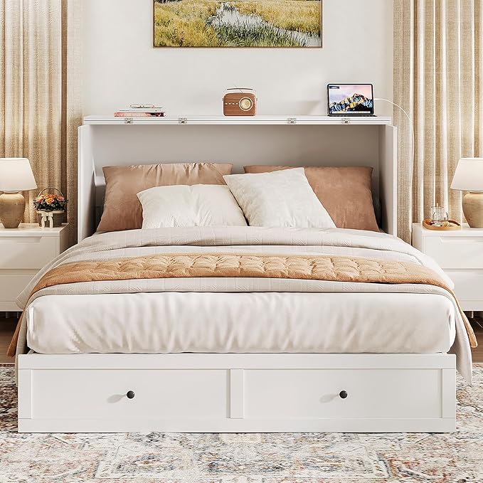 Queen Murphy Bed with Storage & Charging Station, Murphy Cabinet with Foldable Panel, Noisy Free, for Guest Bedroom, Living Room, Office, Distressed White