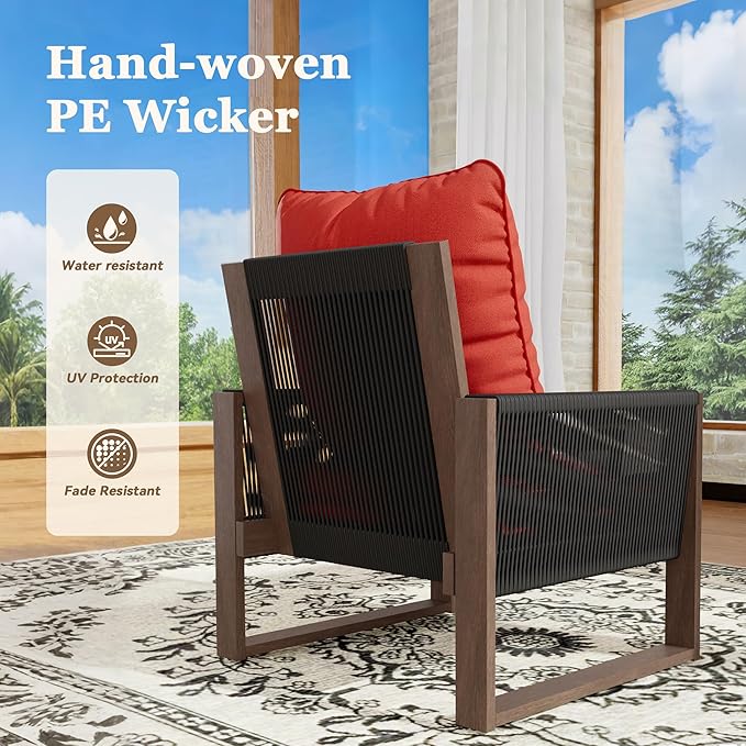4 Piece Patio Furniture Set, Wooden Outdoor Furniture Conversation Set with Coffee Table, Modern PE Wicker Patio Chairs Conversation Sets with Sofa for Garden, Terrace, Porch, Balconies, Lawns