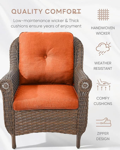 Patio Wicker Chairs Outdoor Furniture Chair - Set of 2 Outside All Weather Lawn Dining Brown Rattan Armchair with High Back&Deep Seating for Deck Porch Balcony Backyard Garden - Orange