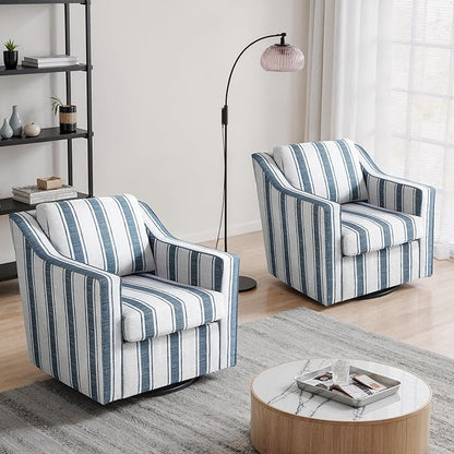 UIXE Swivel Accent Chairs Set of 2, Fabirc Upholstered Arm Chair for Living Room, Modern Club Armchair Comfy Single Sofa Bedroom Reading Seat with Lumbar Pillow - Navy Blue Stripe