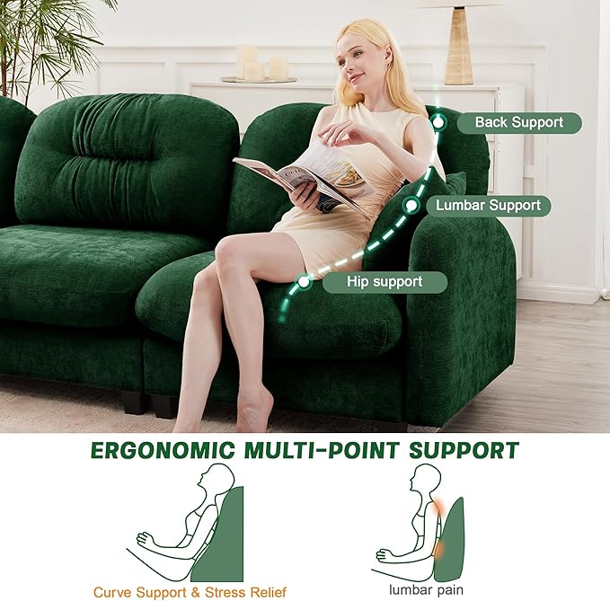 140" U Shaped Couch for Living Room, Comfy Chenille Fabric Cloud Sectional Couch, Modern Upholstered Deep Seat Sofa with Pillow and 2 Movable Ottoman, Oversized 4 Seater Sectional Sofa, Green