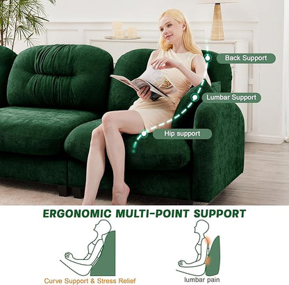 107" U Shaped Couch for Living Room, Comfy Chenille Fabric Cloud Sectional Couch, Modern Upholstered Deep Seat Sofa with Pillow and 2 Movable Ottoman, Oversized 3 Seater Sectional Sofa, Green