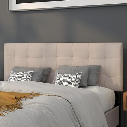 EMMA + OLIVER Quilted Tufted Upholstered Queen Size Headboard in Beige Fabric