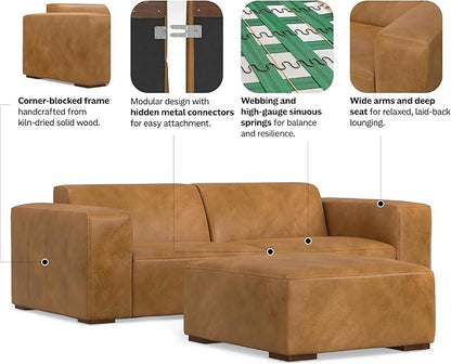 SIMPLIHOME Rex Modular Sofa and Ottoman Set in Full-Grain Genuine Leather, Sienna, 88-inch-Wide 2-Seater Leather Couch and Matching 34-inch-Wide Table Ottoman for Living Room