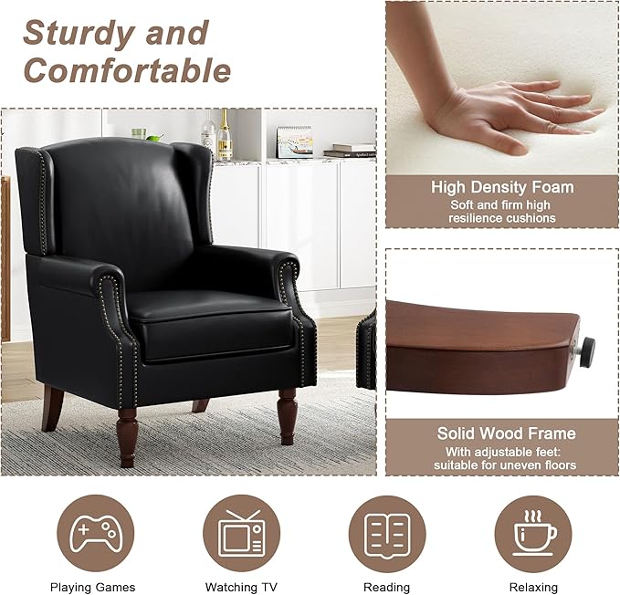 Pia Ricco Set of 2 Faux Leather Accent Chairs, High Back Wingback Armchairs with Retro Floral Design, Nailhead Trim & Solid Wood Legs for Living Room Bedroom (Black)