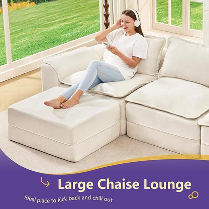 Hobestluk Cloud Modular Sectional Couch 4-Seater Sofa with Ottoman L Shaped Couch Deep Seat Sofa with Removable Cover Large Sofa for Living Room (Beige, 4-Seater Sofa with One Ottoman)