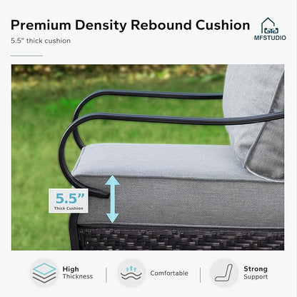 MFSTUDIO 4 Pieces Outdoor Patio Furniture Set, Metal Outdoor Conversation Set, Rattan Wicker Patio Sectional Sofa Set with 2 x Fixed Single Sofa, 3-Seat Sofa, 1 x Coffee Table, Grey