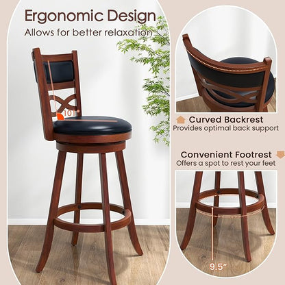 COSTWAY Bar Stools Set of 4, 29.5” Bar Height Stools with Rubber Wood Frame, Faux Leather Upholstered Seat and Backrest, Swivel Barstools for Kitchen Island, Pub, Brown (4, Seat Height: 29.5”)