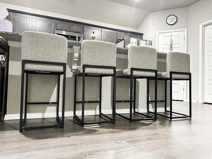 ALPHA HOME 24 Inch Bar Stools, Kitchen Counter Stools with Backs, PU Leather Barstools, Kitchen Stools with Back&Upholstered Footrest, Sturdy Chromed Metal Steel Frame, Light Gray
