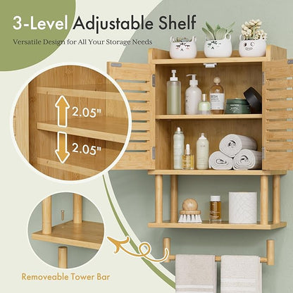 AmazerBath Bathroom Wall Cabinets, Bamboo Medicine Cabinets with Towel Bar, Wall Mounted Storage Cabinet with Adjustable Shelves, 2 Doors Over The Toilet Storage for Small Spaces,8.3x16.5x26.6 Inches