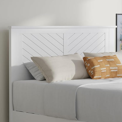 Serene Farmhouse Style Wood Bed in Full Size with Chevron Scoring Headboard, Coastal Modern Design, Sturdy, Easy Assembly, Ample Underbed Storage, White Finish