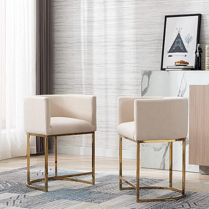 Contemporary Cream Linen Bar Stools Set of 3, 24" Upholstered Fabric Counter Height Barstools Kitchen Counter Island Stools with Screwed Together Golden Metal Base