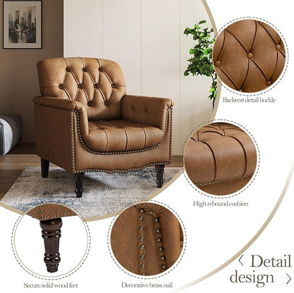 Pia Ricco Faux Leather Armchair Set of 2, Modern Accent Chairs with Nailhead Trim and Solid Wood Legs, Upholstered Comfort for Living Room, Office, Bedroom - Camel