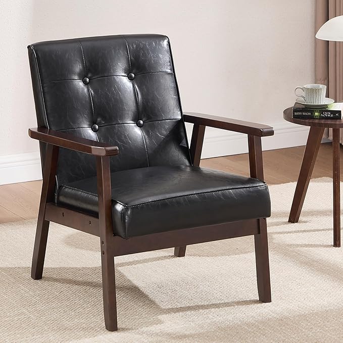 ANJ Mid Century Modern Accent Chairs, Set of 2, Black Faux Leather, Button Tufted with Wood Frame, Living Room Armchairs