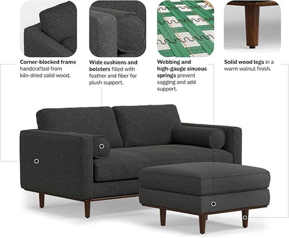 SIMPLIHOME Morrison Mid-Century Modern 72 inch Wide Sofa with Ottoman Set in Charcoal Grey Tightly Woven Performance Fabric for the Living Room and Family Room