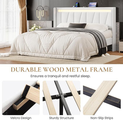 SHA CERLIN Queen Bed Frame with Charging Station and LED Lights, Modern Velvet Platform Bed with Upholstered Geometric Wingback Headboard, No Box Spring Needed, Easy Assembly, White
