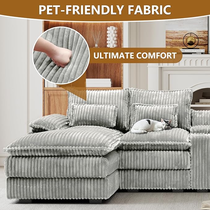 HYJT-H&K 124" U Shaped Cloud Couch Sectional, Comfy Fluffy Plush Corduroy Light Grey Sectional Couches for Living Room, Modern Modular Corduroy Couch Sectionals with Central Console & Double Chaise